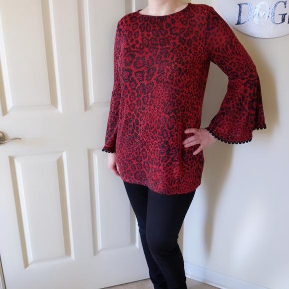 Susan Graver Sparkly Red Leopard Sweater with Bell Sleeves  size S - Picture 3 of 14